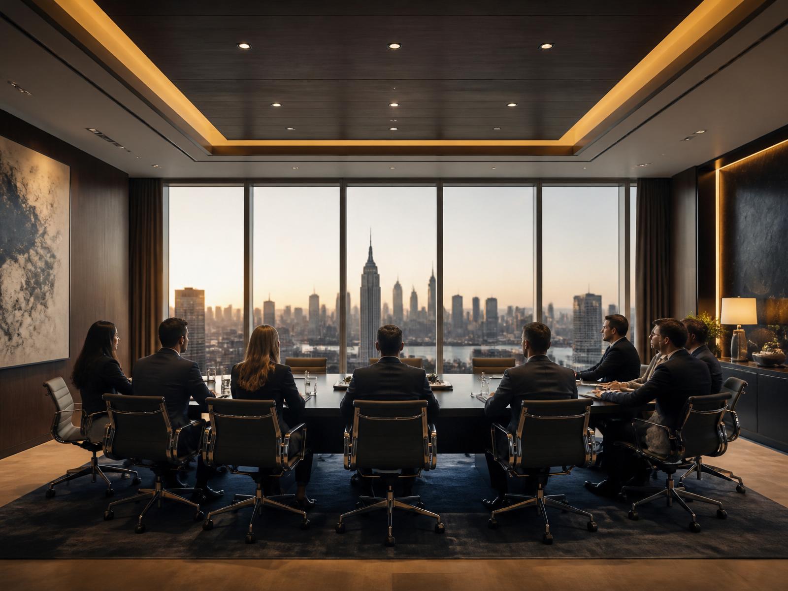 Executive strategy meeting overlooking a city skyline