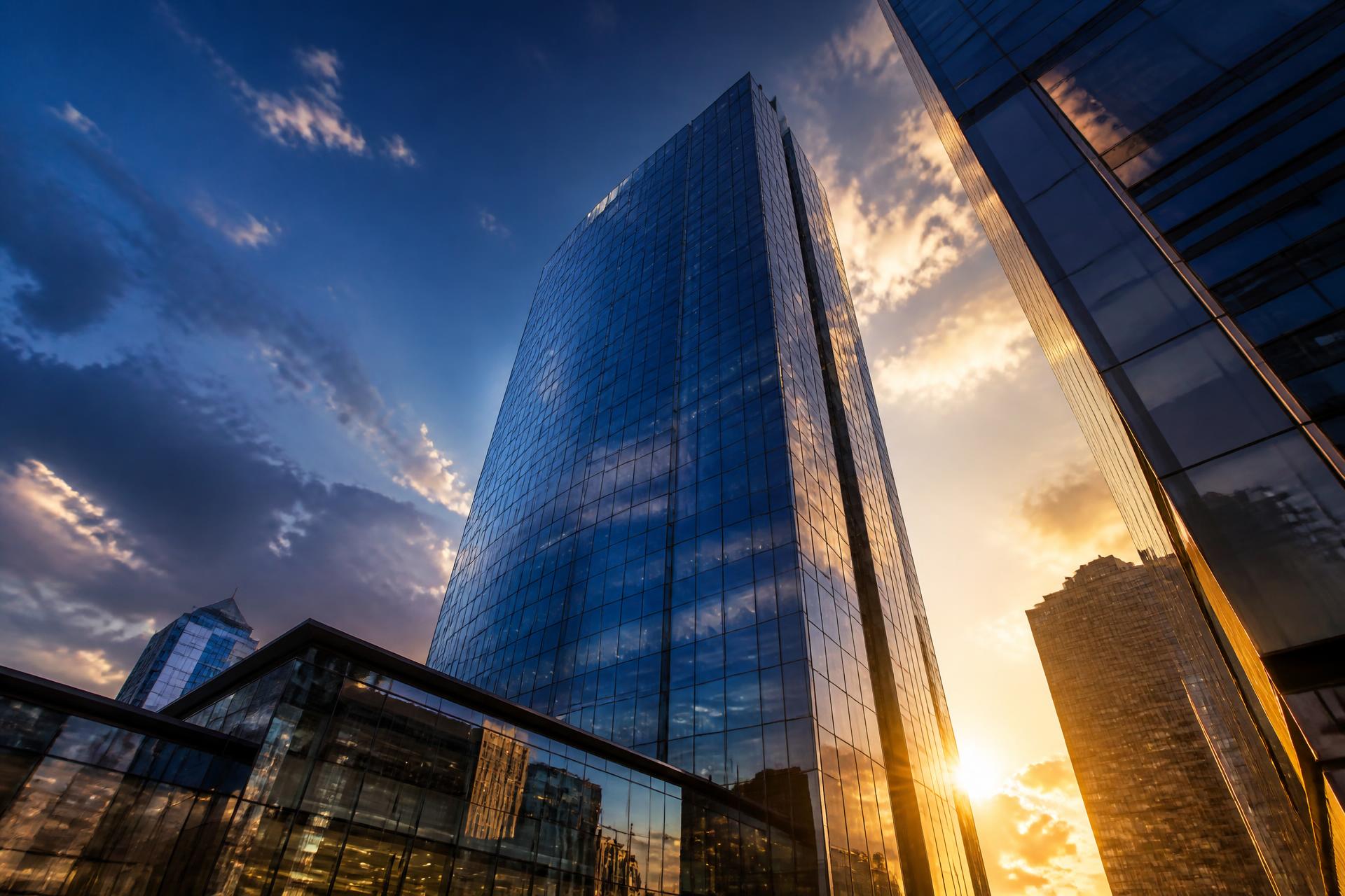 Modern glass skyscrapers at golden hour representing corporate opportunity